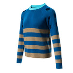 blue stripe sweater with holes in shoulder