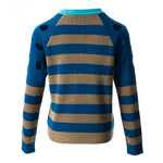 blue stripe sweater with holes in shoulder