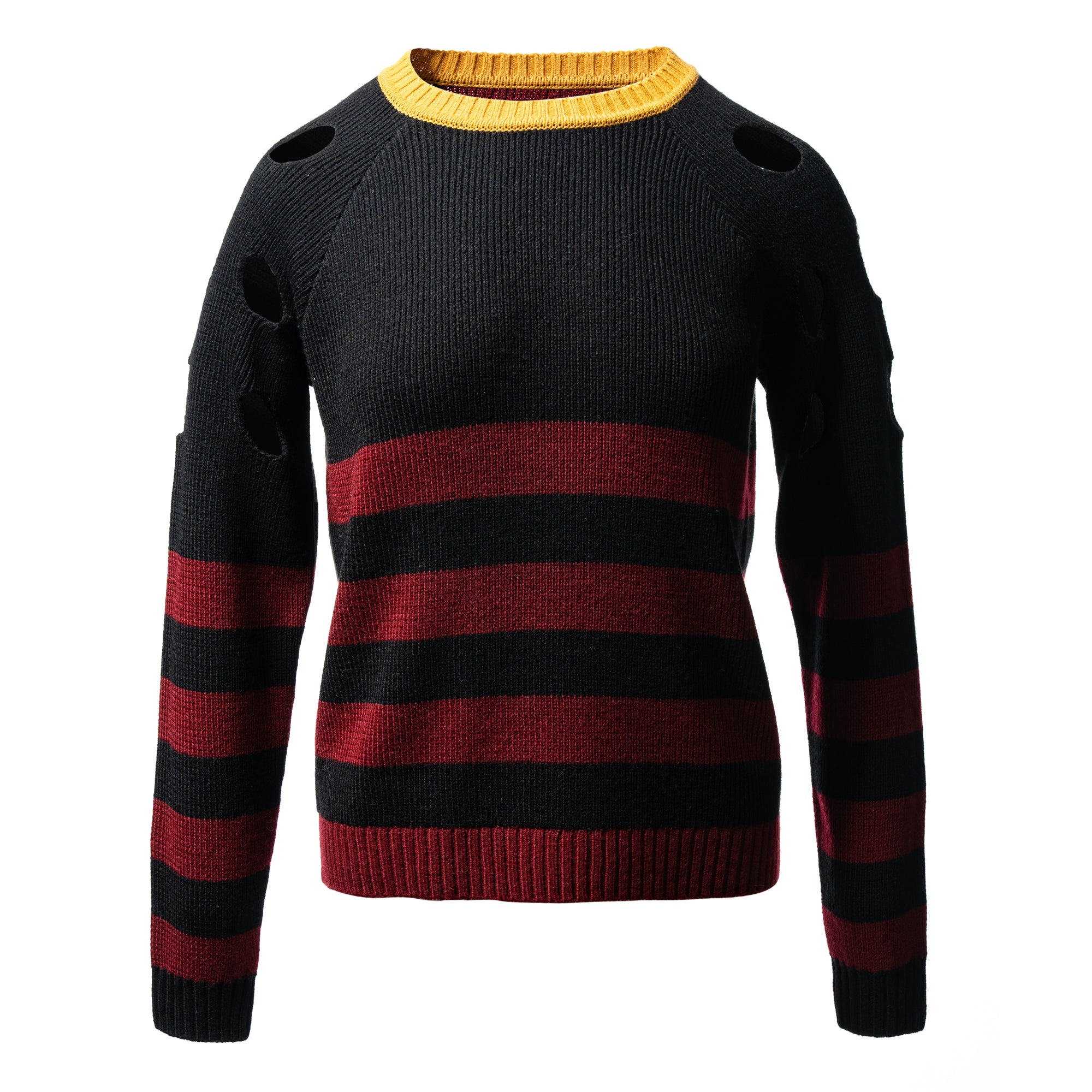 Black sweater with red stripes and holes on the shoulder
